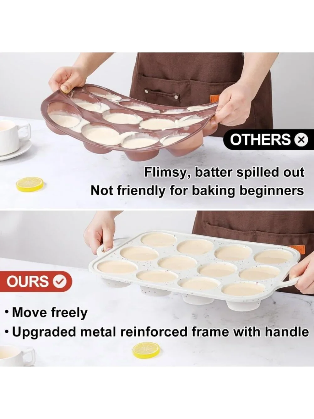 Nonstick Silicone Muffin Pans - 12 Cup Baking Molds, BPA Free, Dishwasher Safe
